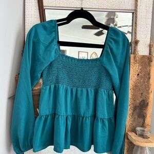 Teal Smocked Long Sleeve Women's Top